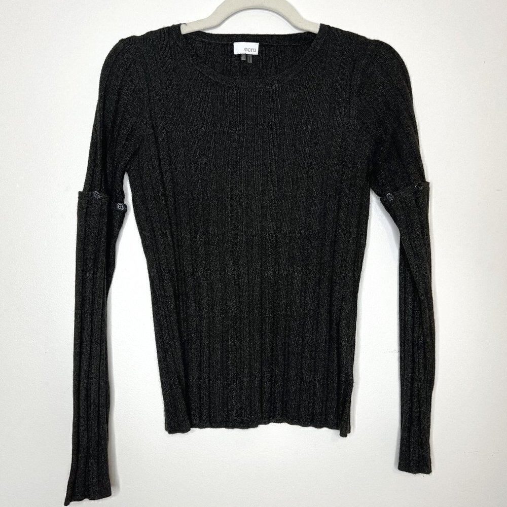 Ecru‎ Ribbed Knit Crewneck Sweater with Convertible Button Sleeves Size XS